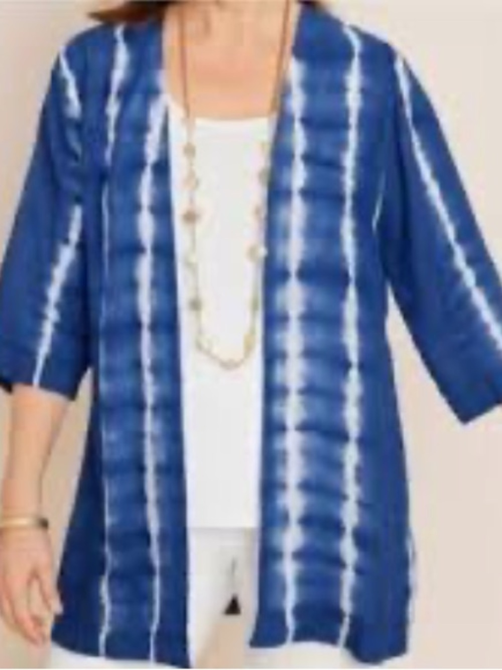 Chico's 100% Linen Kimono Wrap Tie Dye Open Front Indigo Blue & White Large